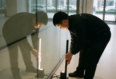 Technician in black uniform adjusts a vertical LED spotlight near a glass wall with a modern hallway reflection.