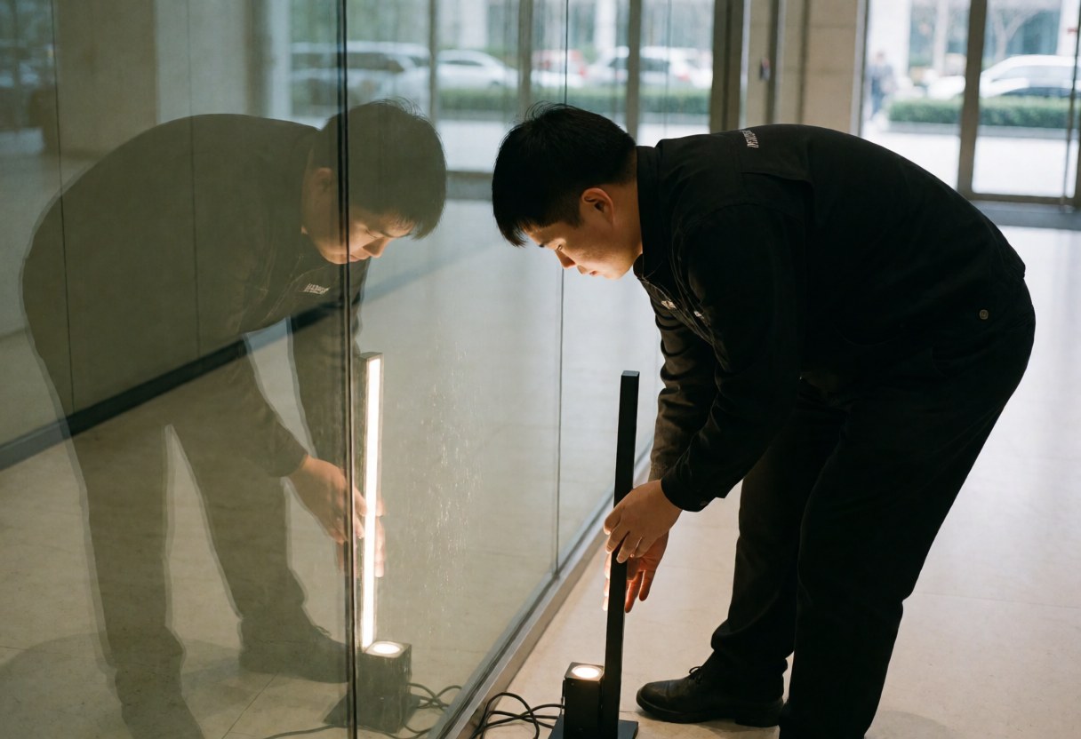 Technician in black uniform adjusts a vertical LED spotlight near a glass wall with a modern hallway reflection.
