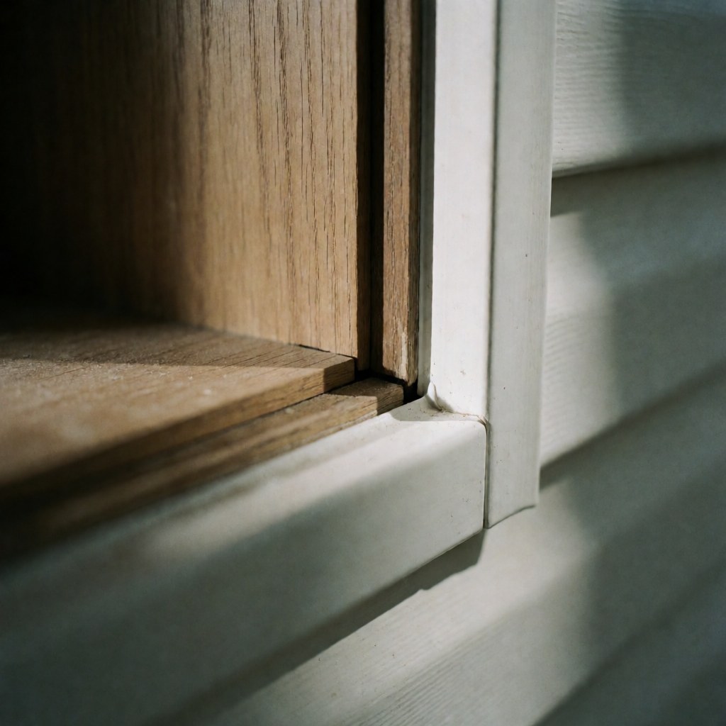 Close-up view of the junction between a wooden frame and a white vinyl profile, highlighting the natural texture and smooth finish quality.