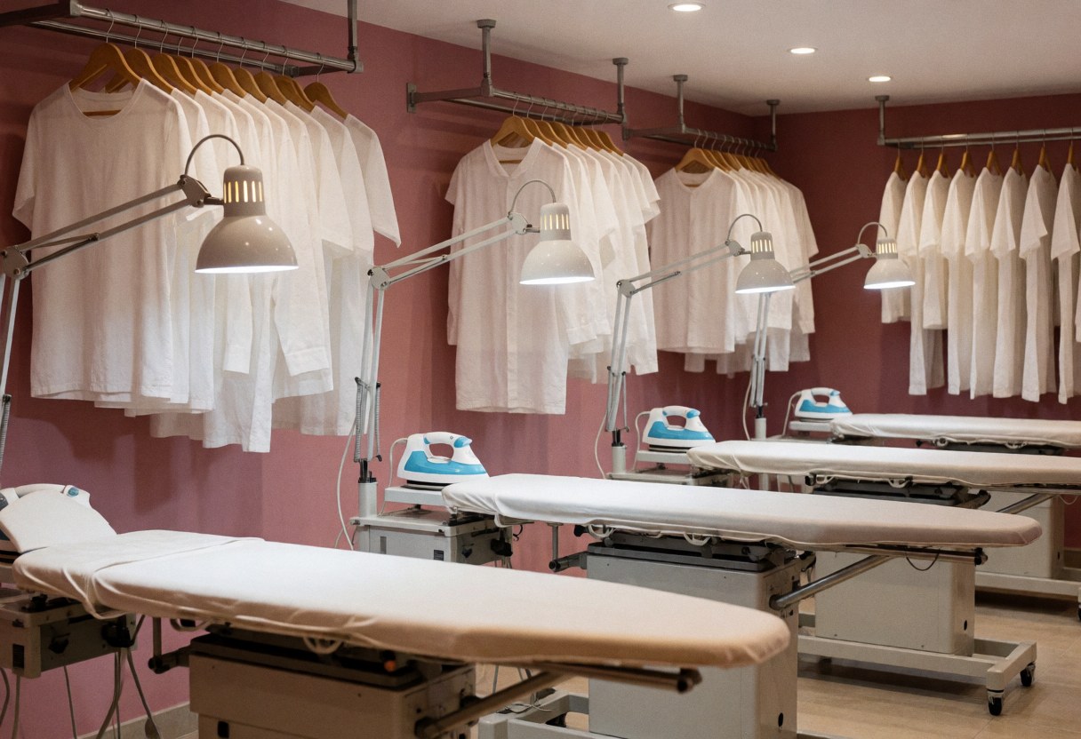 Laundry room interior featuring ironing tables, hangers with white shirts, work lights, and pink walls.