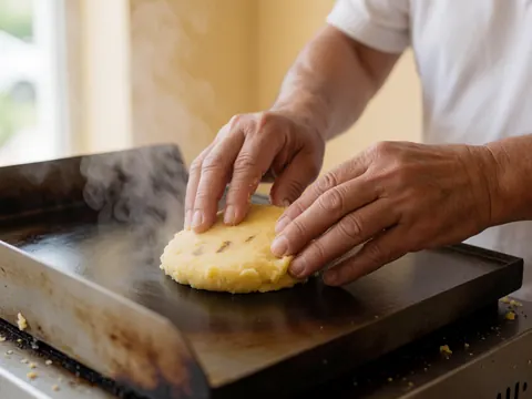Adult hands mold a corn arepa on a steaming hot grill in a kitchen with beige walls.