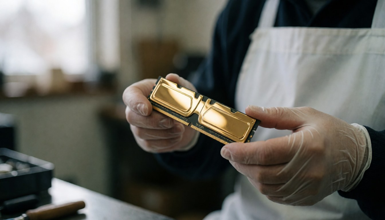 Technician holding a golden RAM stick with gloves in a computer repair workshop with a blurred background