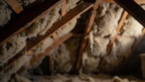 Attic ceiling background featuring wooden beams and white insulation with soft warm lighting suitable for heating repair service text overlays