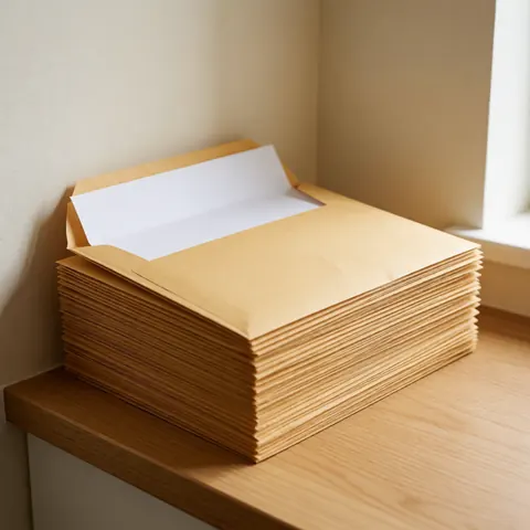 Neat stack of kraft envelopes on a wooden counter with natural light and beige wall