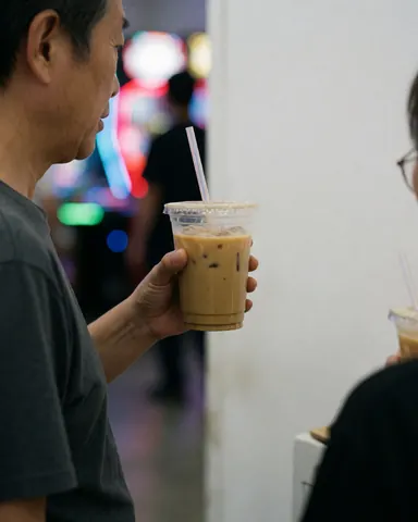 An adult customer sipping a cold beverage through a straw in a colorful indoor entertainment center with white walls and vibrant lighting.