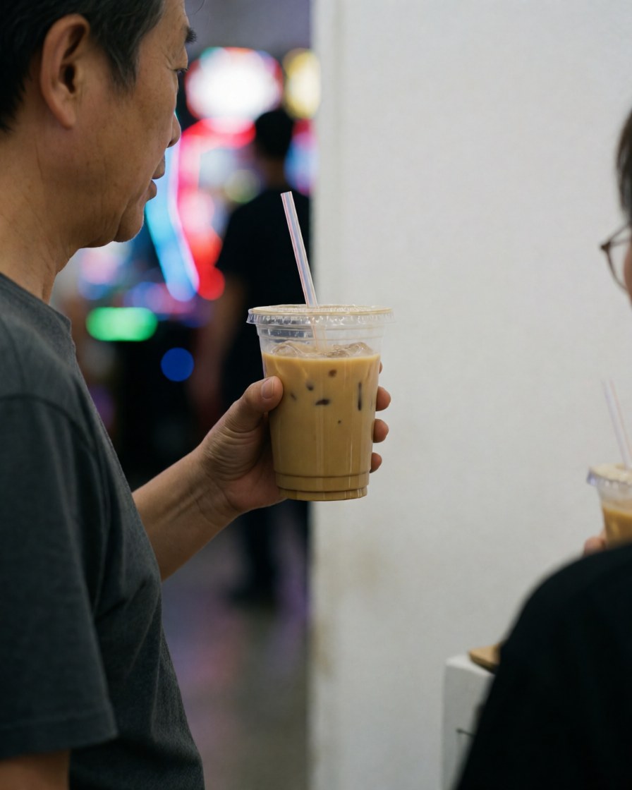 An adult customer sipping a cold beverage through a straw in a colorful indoor entertainment center with white walls and vibrant lighting.