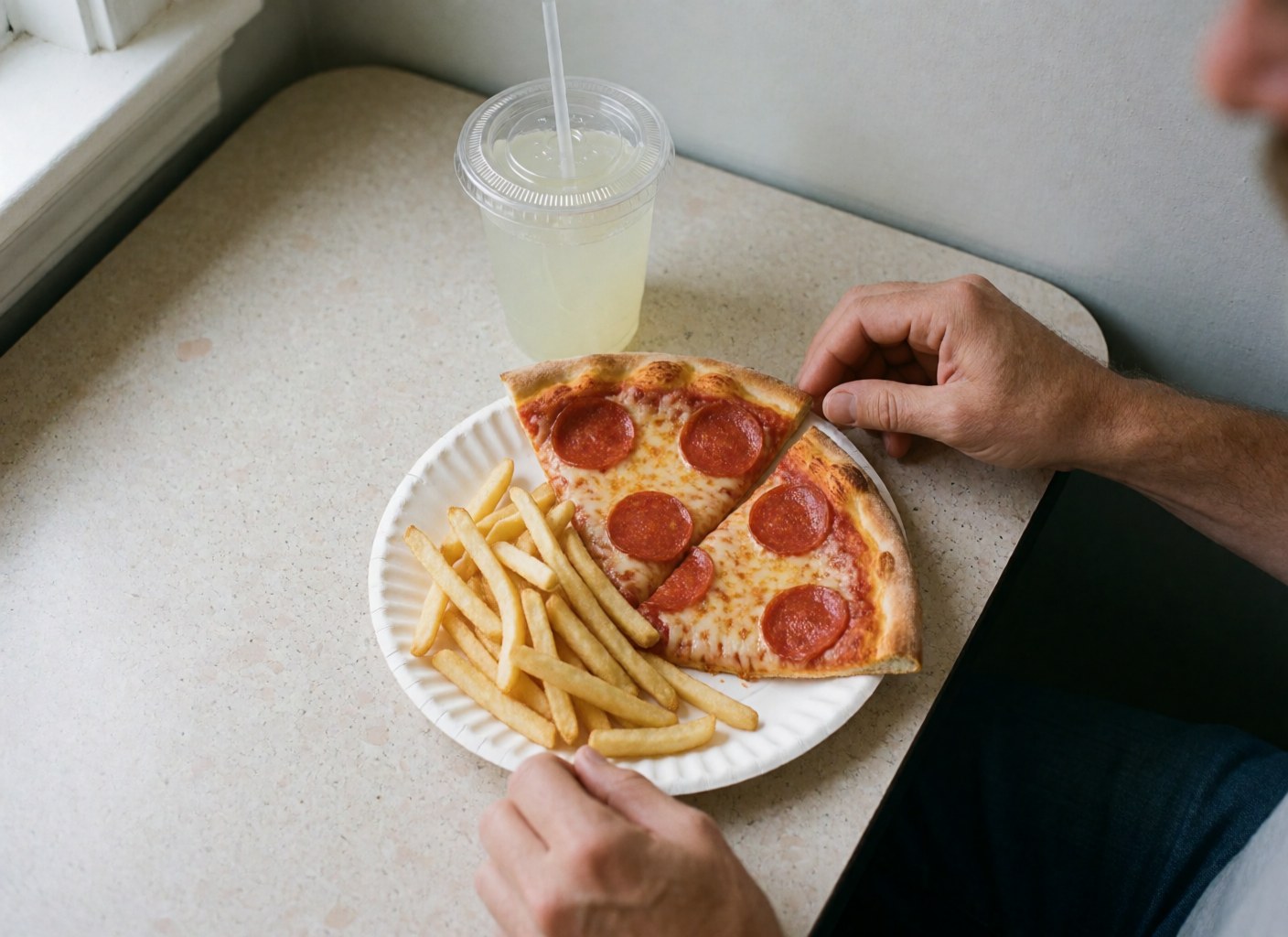 Hands holding a slice of pepperoni pizza and french fries on a paper plate next to a glass of lemonade with a straw on a table