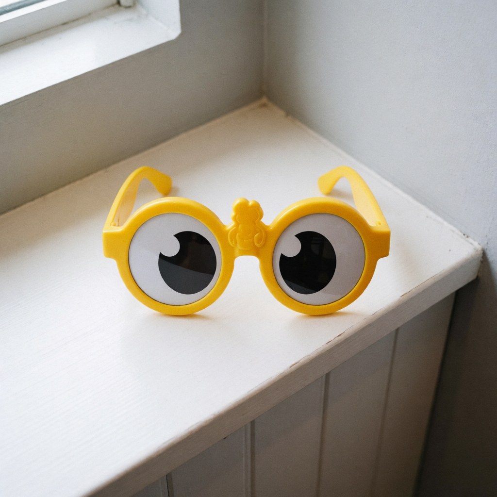Yellow sunglasses with large lenses resting on a white shelf near a window, suitable for amusement park souvenirs.
