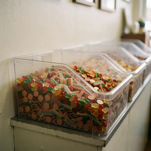 Clear plastic containers filled with colorful candies and coins on a counter in an amusement park center.