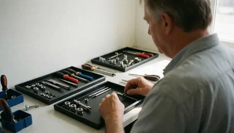 Back view of a locksmith technician working with tools on a clean table with natural light and text space on the left