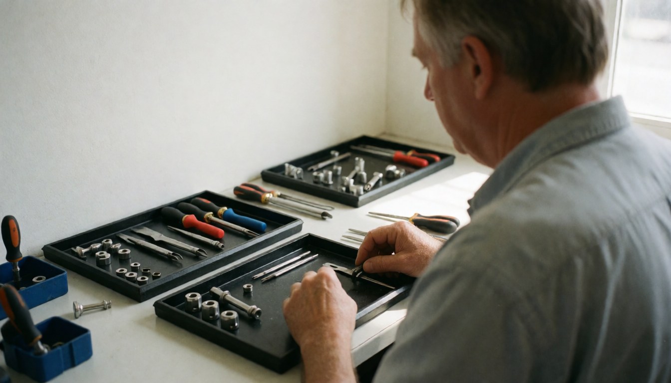 Back view of a locksmith technician working with tools on a clean table with natural light and text space on the left