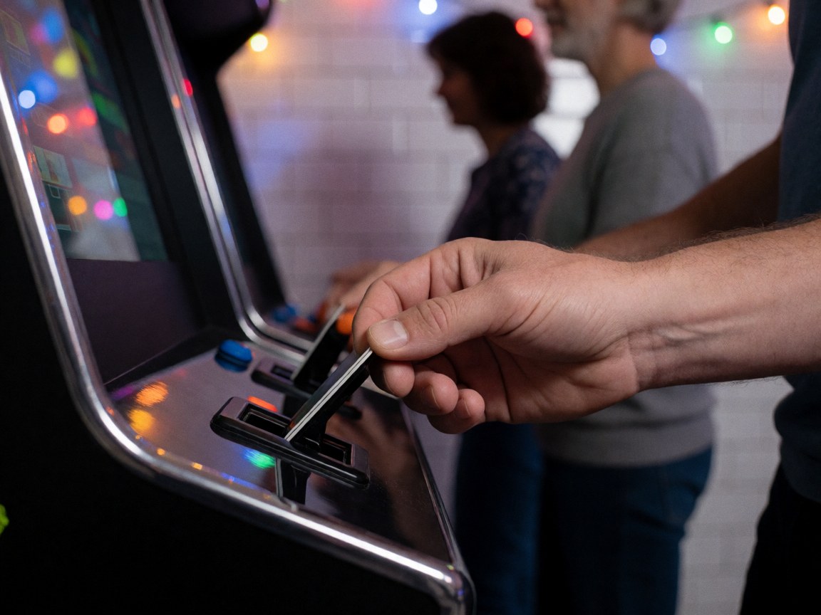 Close-up of a hand inserting a card into a black arcade machine slot with blurred party lights and white tiled walls in the background.