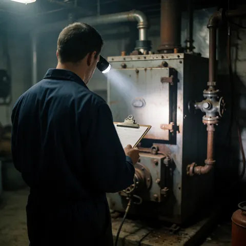 Technician in blue uniform checks rusty iron boiler in basement with flashlight and clipboard among pipes and valves