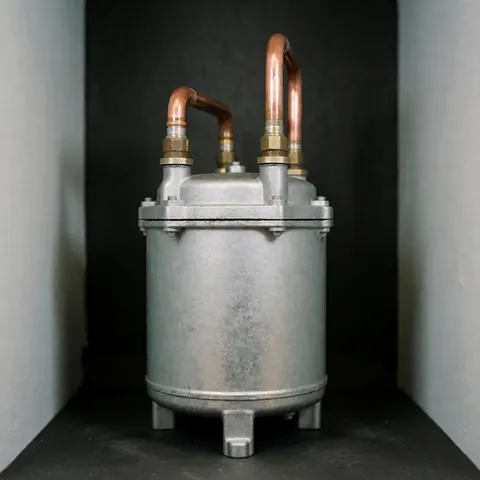 Metal industrial refrigeration compressor with copper pipes on a dark background for appliance repair