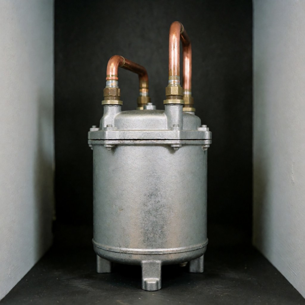 Metal industrial refrigeration compressor with copper pipes on a dark background for appliance repair