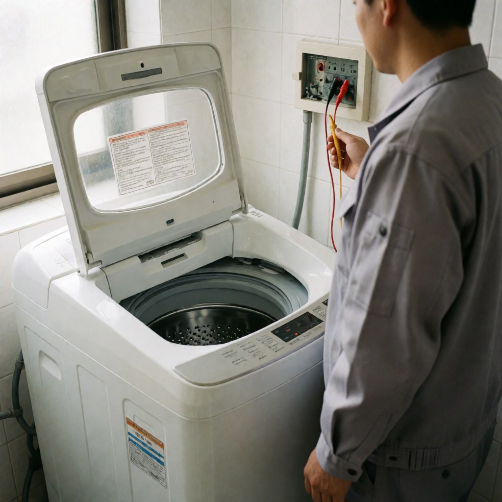 Appliance repair technician inspecting a white washing machine with an open lid using a multimeter in a bright room with white walls and a window.