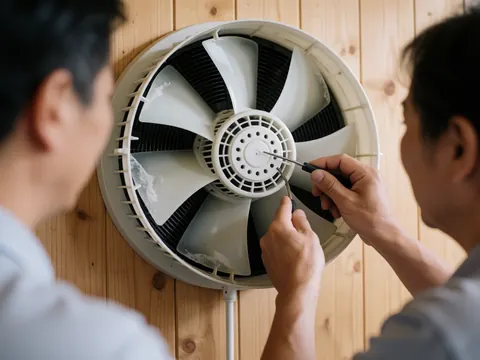Close-up of technician repairing a fan with ice on wooden wall, hands using tool, ice details on blades