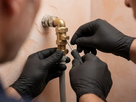Close-up of gloved hands using a screwdriver to adjust a copper water valve against a light drywall background.