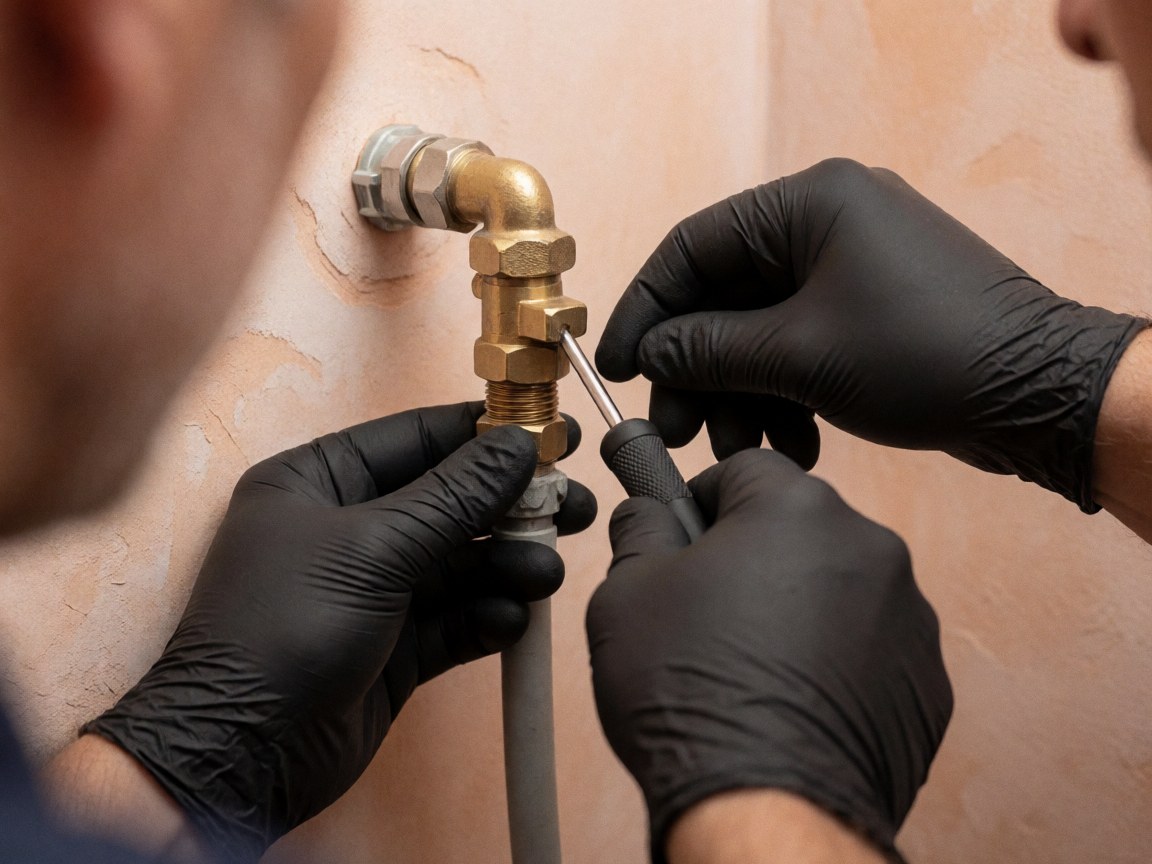 Close-up of gloved hands using a screwdriver to adjust a copper water valve against a light drywall background.