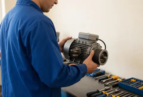 Technician checking electric motor with tools on workbench, white walls, natural light