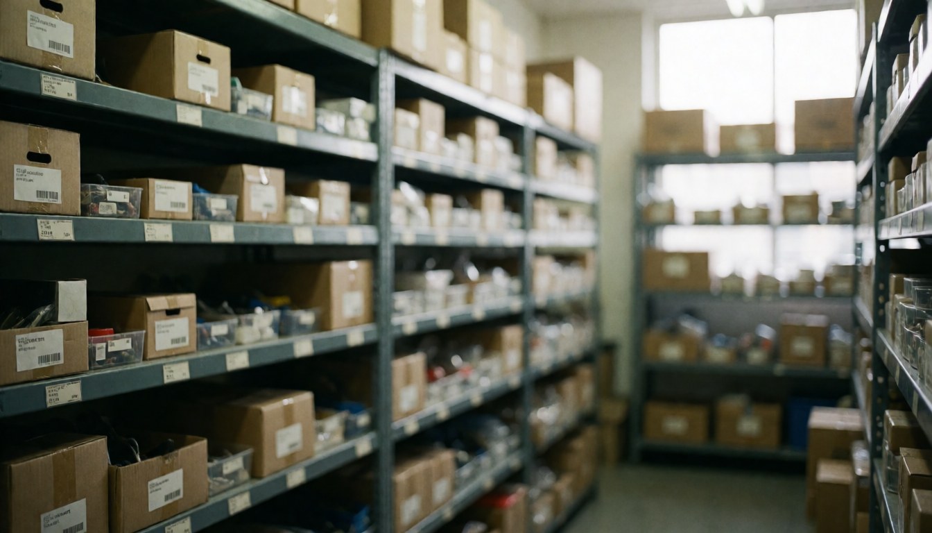 Metal shelves holding organized spare parts boxes in a warehouse with soft lighting, suitable for appliance repair business text backgrounds
