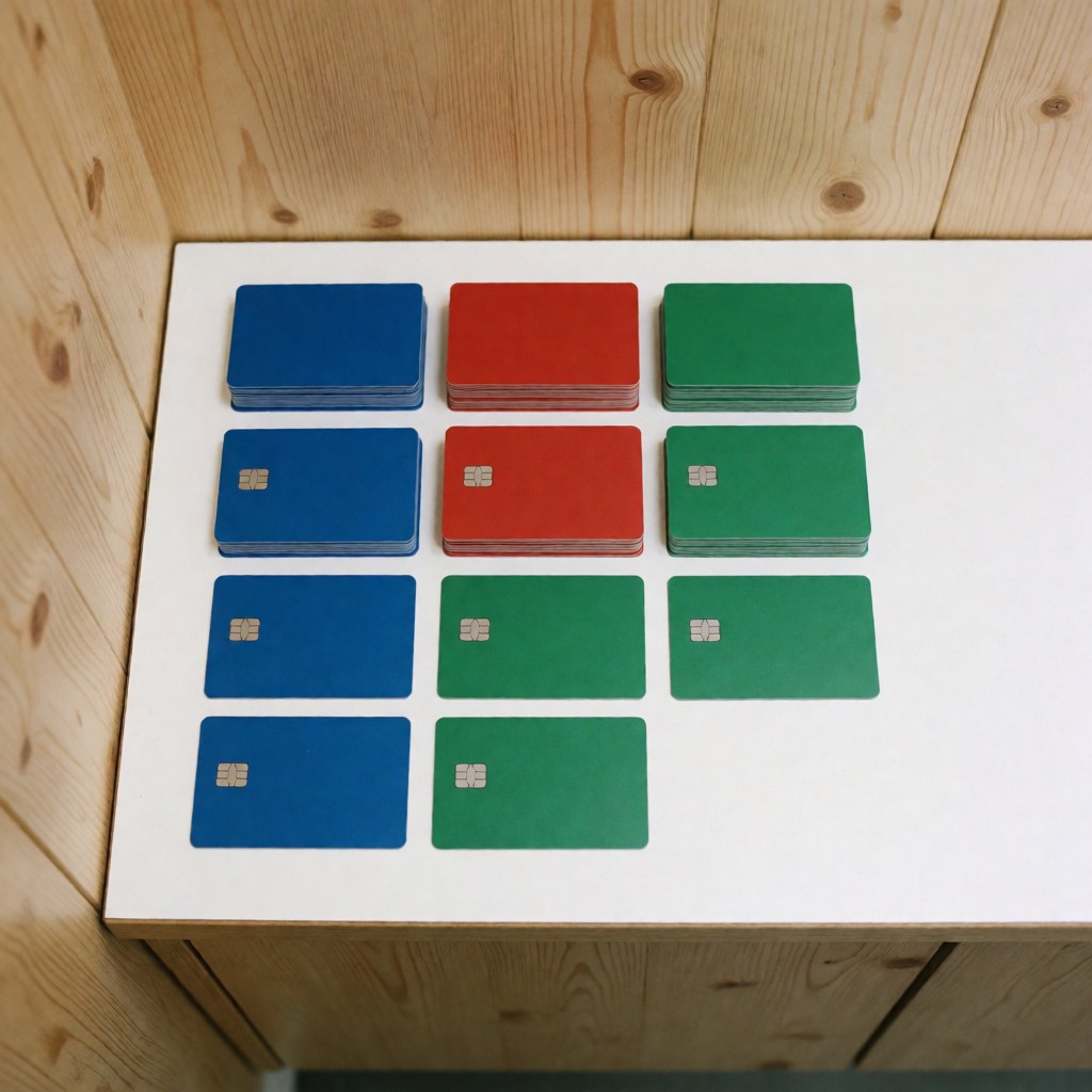 Blue, red, and green cards arranged on a white surface with light wood panels in the background under professional lighting