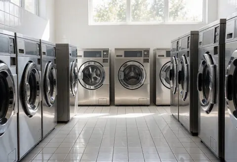 Industrial washers and dryers in a laundry room with white tiled floors, white walls, and high windows letting in natural light.