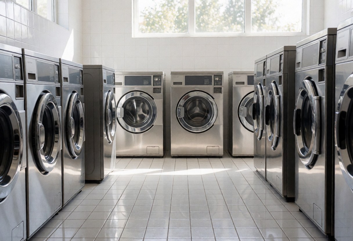 Industrial washers and dryers in a laundry room with white tiled floors, white walls, and high windows letting in natural light.