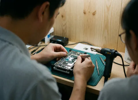 Close-up of technician using tweezers to place a chip on a circuit board with tools and heat gun nearby on a wooden surface
