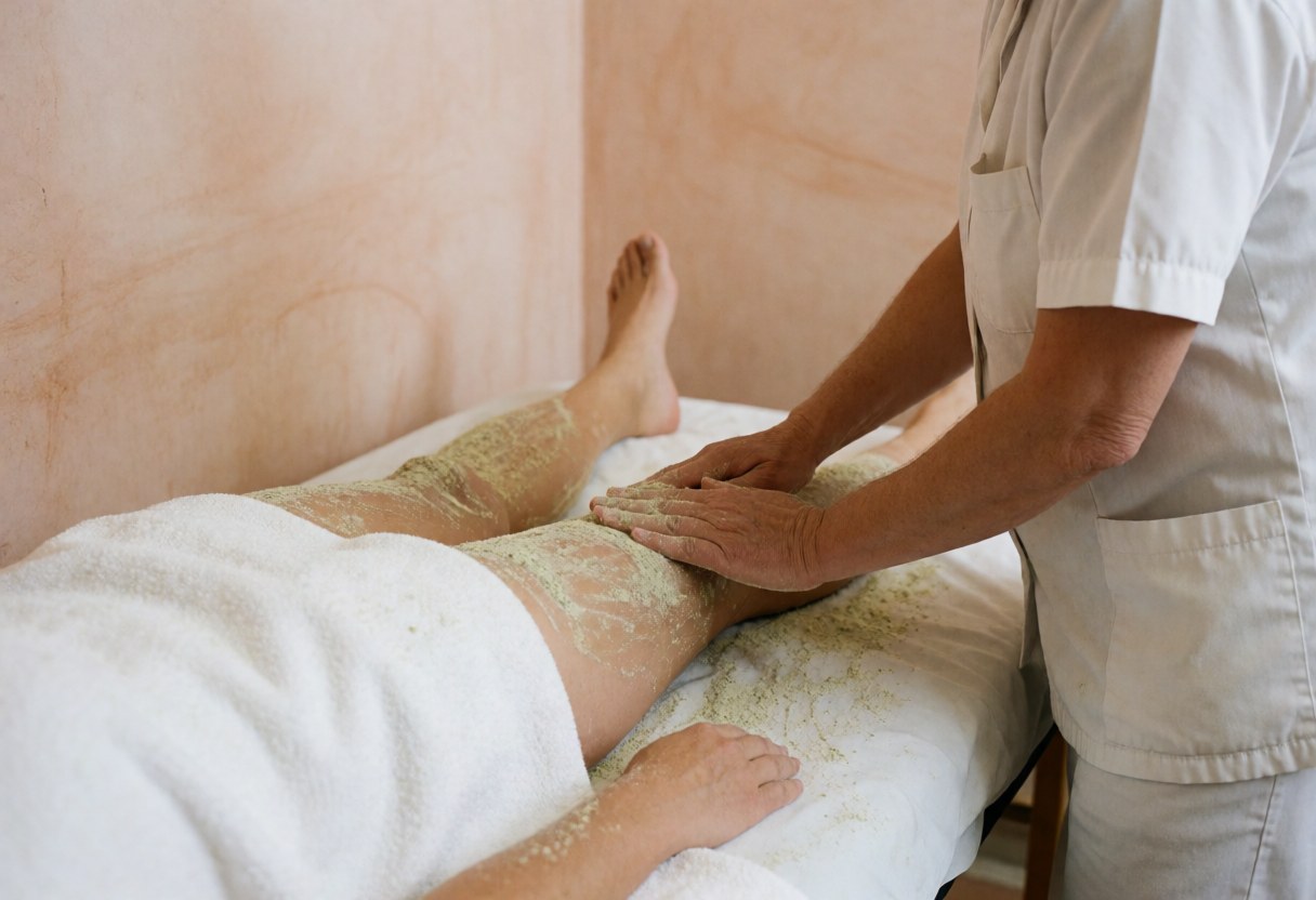 Therapist performing ayurvedic dry powder massage on a client's leg in a bright room with terracotta walls.
