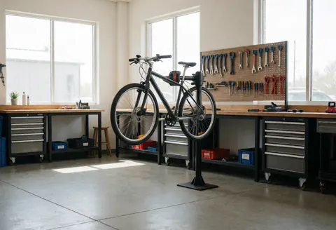 Bicycle secured on a repair stand in a bike workshop with tools hanging on a board and work tables visible.