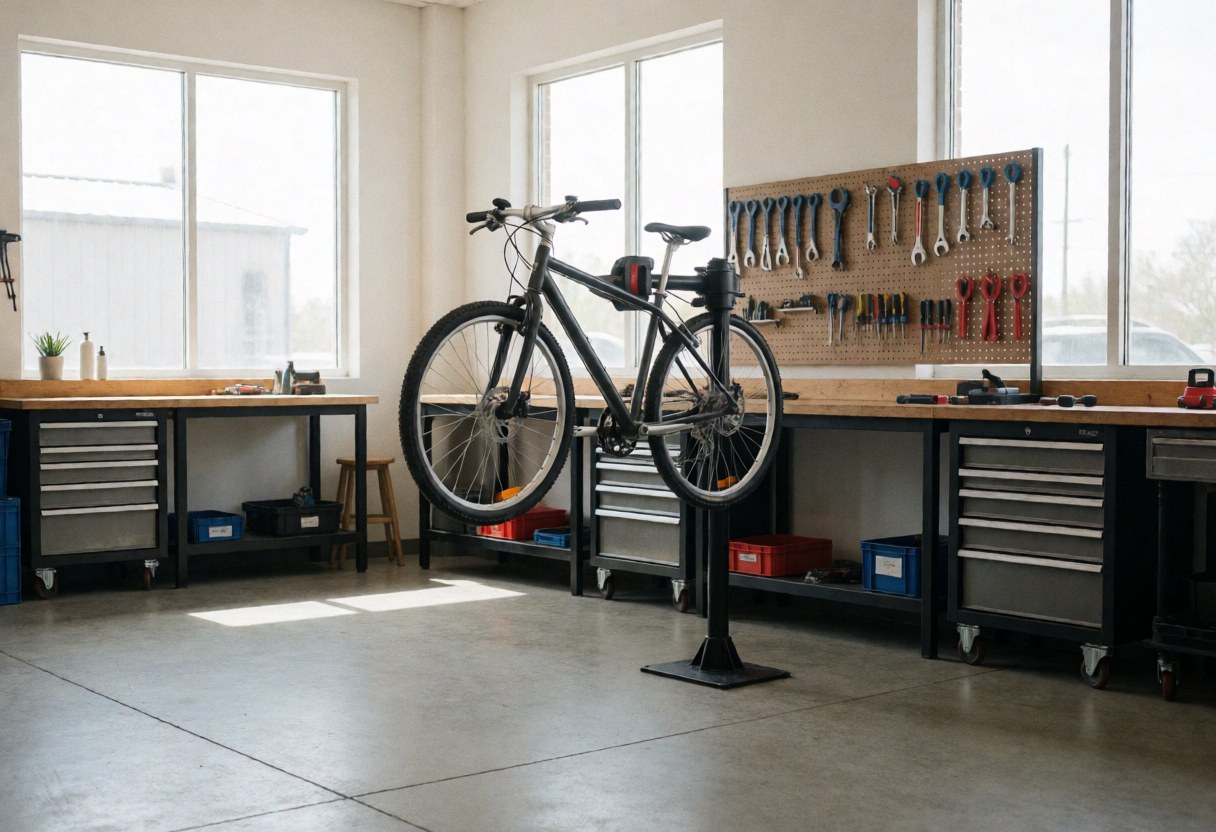 Bicycle secured on a repair stand in a bike workshop with tools hanging on a board and work tables visible.