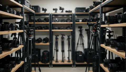 Professional photography equipment storage with wooden shelves and tripods, soft background for text, practical and tidy lighting.