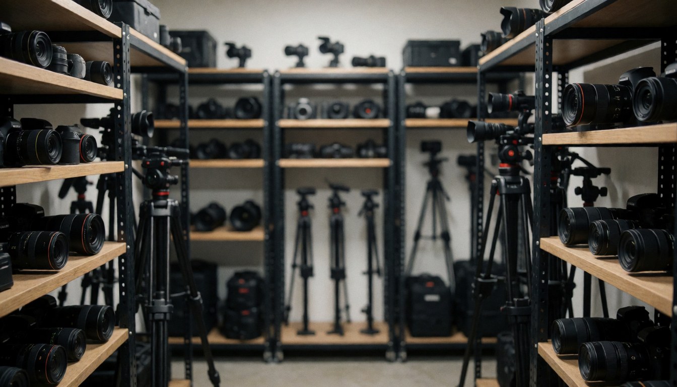 Professional photography equipment storage with wooden shelves and tripods, soft background for text, practical and tidy lighting.