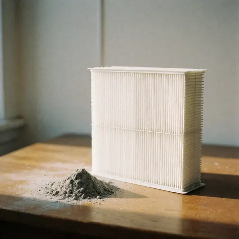 A clean white air filter sits on a wooden table next to a pile of gray dust, lit by natural light, suitable for appliance repair services.