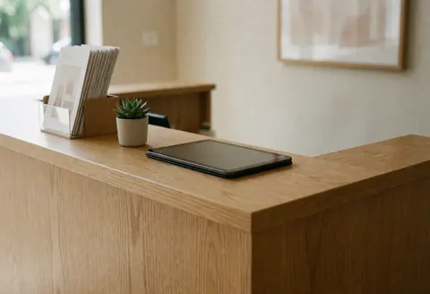 Clean light wood reception counter featuring a tablet, potted plant, and brochures for a professional beauty studio