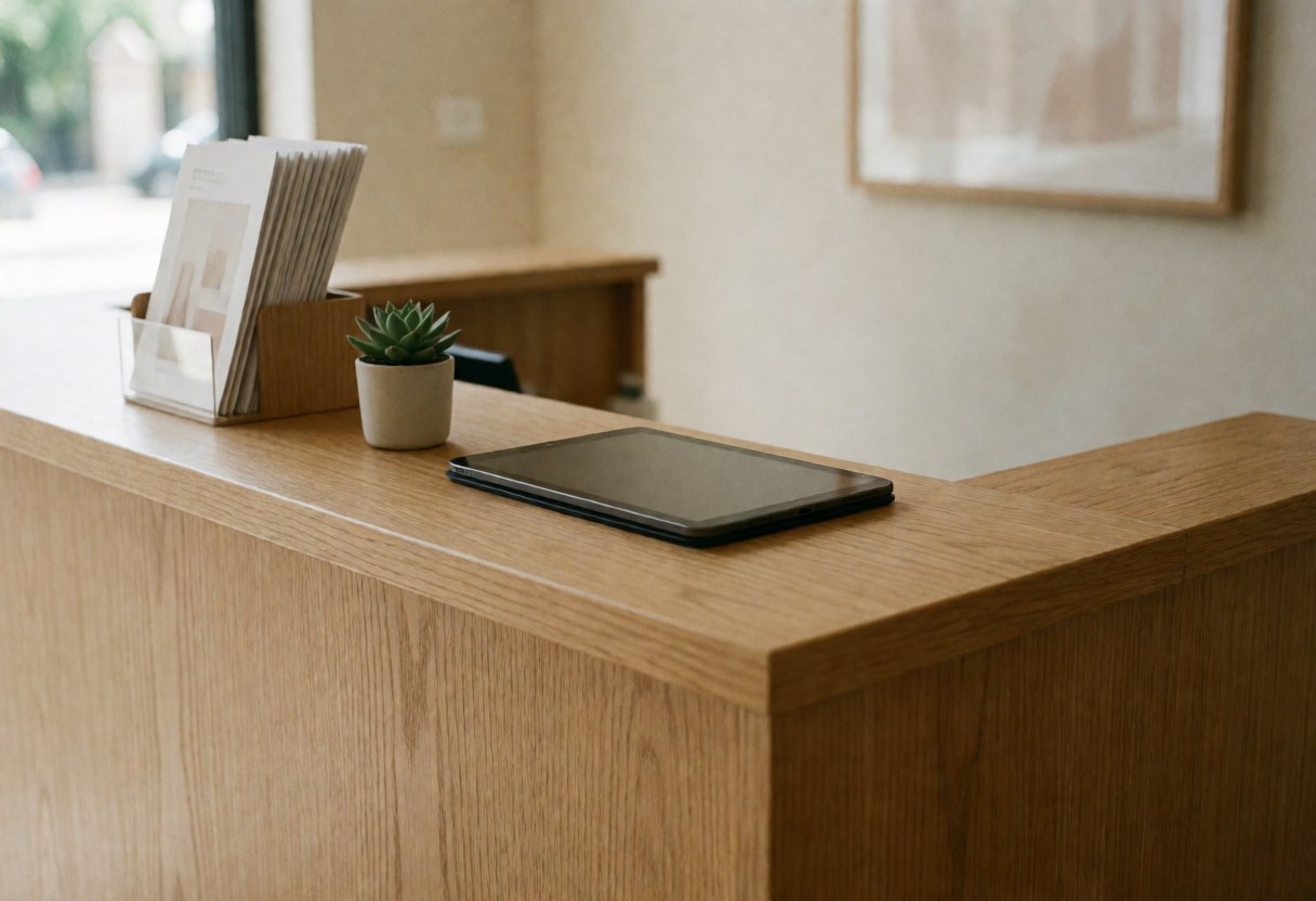 Clean light wood reception counter featuring a tablet, potted plant, and brochures for a professional beauty studio