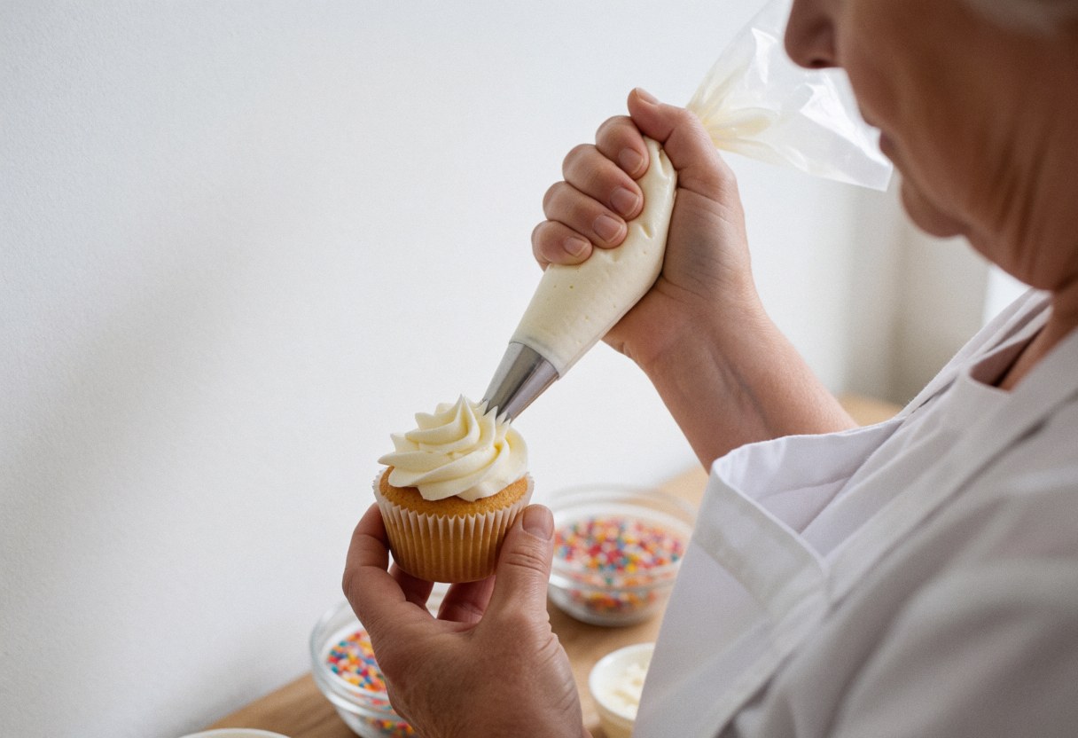 Close-up of senior hands applying white frosting to a cupcake in a professional cooking class setting
