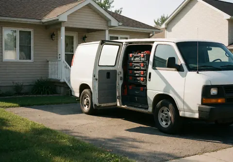 White work van with open side doors revealing toolboxes, parked in front of a residential home with a porch during morning light