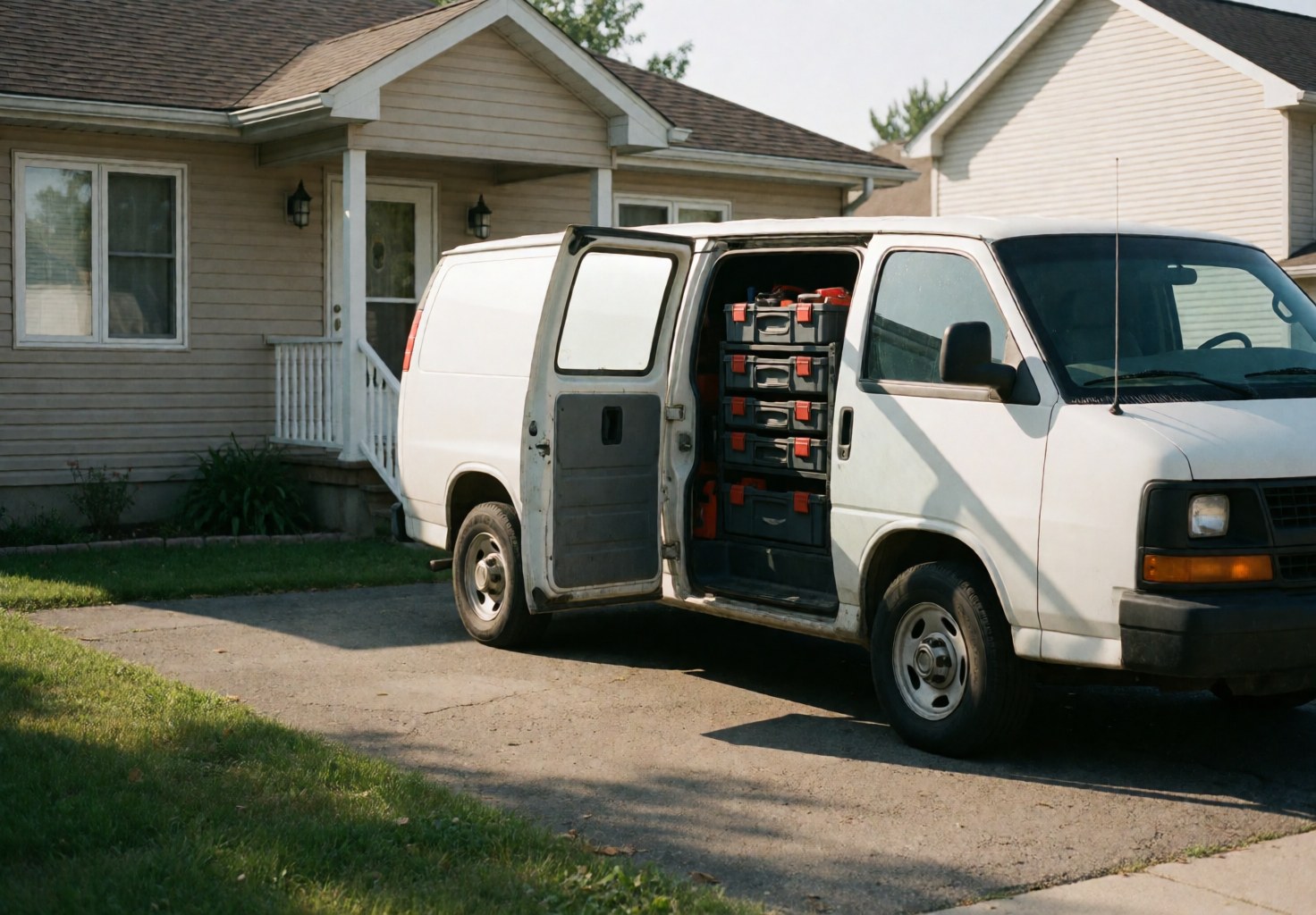 White work van with open side doors revealing toolboxes, parked in front of a residential home with a porch during morning light
