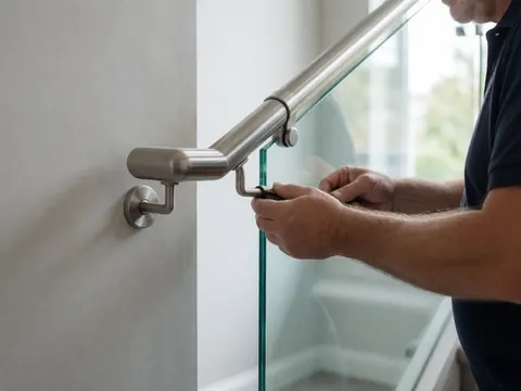 Close-up of a glass railing installation showing the precise connection between stainless steel and tempered glass with a polished finish.