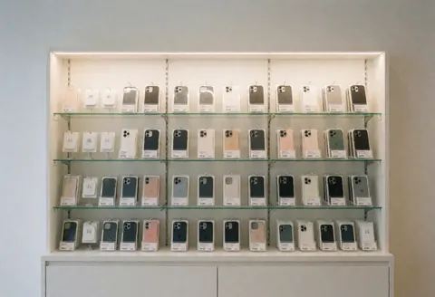 Store counter displaying organized phone cases and chargers with visible price tags under soft lighting against a white background