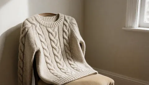 Wool cable knit sweater draped over a wooden chair in a neutral room with natural light, suitable for a tailor shop