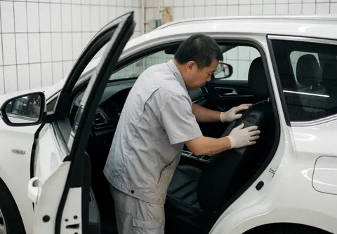Technician wearing gloves applies a cleaning product to a black leather car seat inside a tiled workshop.