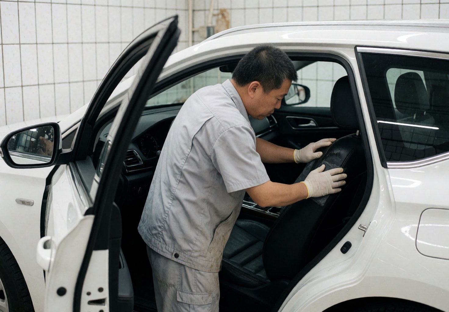 Technician wearing gloves applies a cleaning product to a black leather car seat inside a tiled workshop.