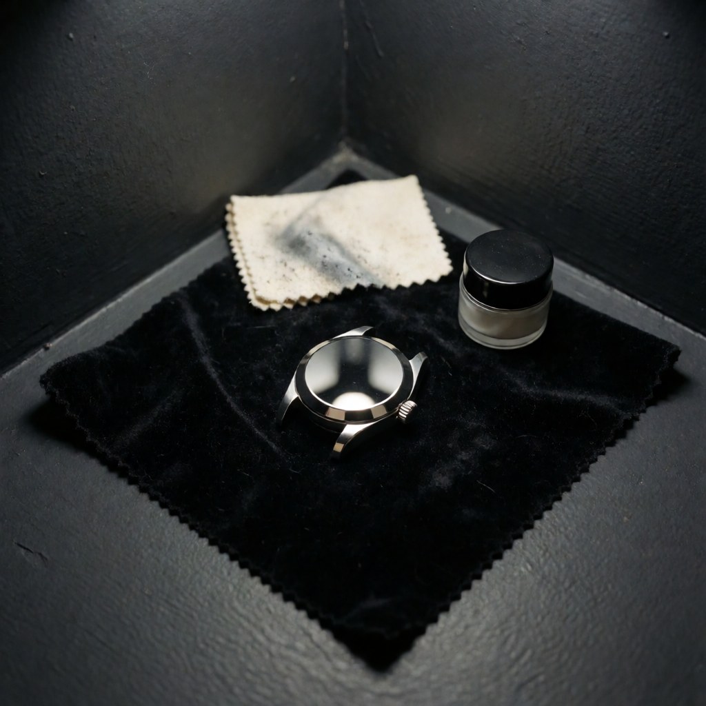 Polished watch case with reflections on black cloth, next to polishing cloth and compound jar in gray corner