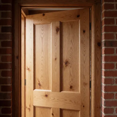 Close-up of a wooden panel door with a natural grain and warm finish set against a textured brick wall, suitable for door installation businesses.