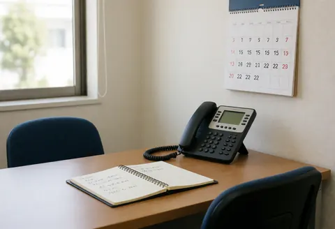 Tidy workspace featuring a wooden desk, black telephone, notepad, and wall calendar illuminated by natural window light.