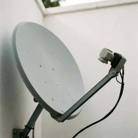 Professional satellite antenna installation on a white exterior wall with visible cable and LNB connector for business use