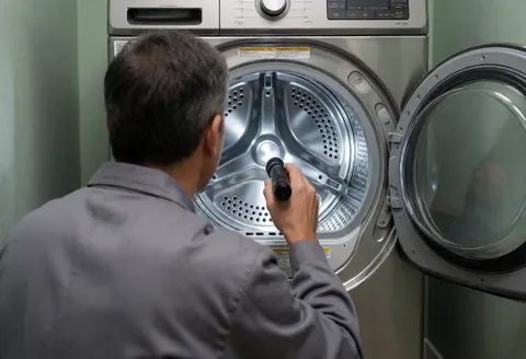 Appliance repair technician inspects the inside of a dryer using a flashlight in a workshop with green walls